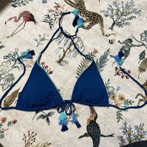 Bleu Rod Beattie Pom-Pom Blue Triangle Bikini Top with Tassels size 12